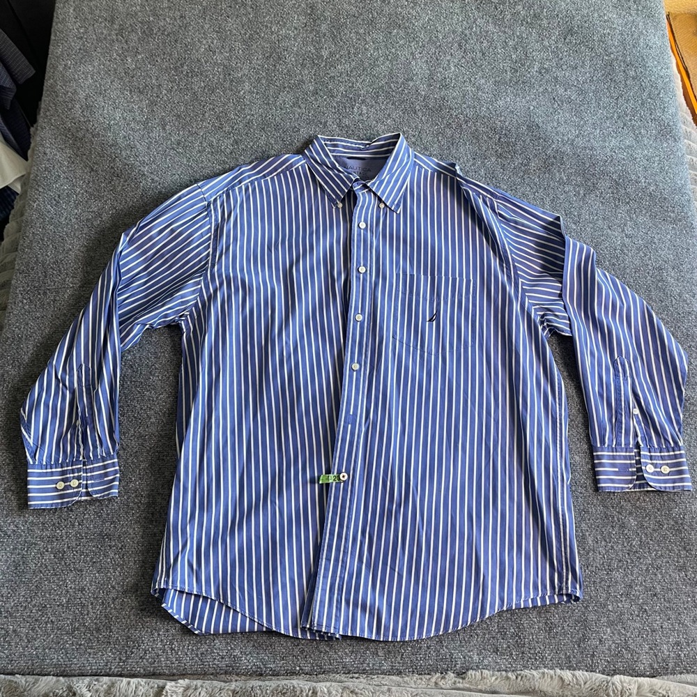Nautica Vintage Mens XXL Blue White Striped Cotton Button Down Shirt Long Sleeve
